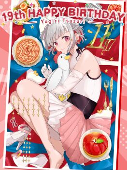 1girl absurdres alternate_costume apple apple_slice bare_shoulders barefoot calculator character_age character_name colored_inner_hair commentary_request dress elbow_gloves food fruit full_body gloves hair_ornament happy_birthday high_heels highres link!_like!_love_live! looking_at_viewer love_live! lying multicolored_hair on_side peking_duck_(love_live!) pink_eyes red_hair red_streaks roku_aya_fuyu shoes sleeveless sleeveless_dress solo star_(symbol) star_hair_ornament streaked_hair unworn_shoes virtual_youtuber white_dress white_gloves white_hair white_shoes yugiri_tsuzuri