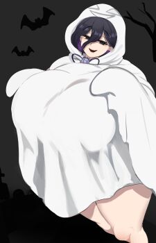 1girl bat_(animal) black_background black_eyes black_hair bottomless breasts colored_inner_hair earrings empty_eyes ghost_costume ghost_pose gigantic_breasts graveyard hair_between_eyes halloween hex_maniac_(pokemon) hex_maniac_(pokemon_xy) hood hood_up jewelry jinzai_5 mature_female multicolored_hair nintendo open_mouth pokemon pokemon_legends:_z-a purple_hair purple_lips smile solo sphere_earrings standing white_sheet