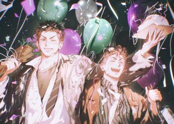 Rule 34 | 2boys, ^ ^, artist name, balloon, black jacket, blush, bottle, bouquet, brown jacket, closed eyes, commentary request, confetti, diagonal-striped clothes, diagonal-striped necktie, dress shirt, drunk, flower, grin, highres, holding, holding bottle, holding bouquet, holding tray, jacket, male focus, mitsui hisashi, miyagi ryouta, multiple boys, necktie, one eye closed, open clothes, open jacket, open mouth, pink flower, pinstripe pattern, pinstripe shirt, shirt, short hair, slam dunk (series), smile, striped clothes, tray, undercut, undone necktie, untabunta, upper body, v-shaped eyebrows, white necktie, white shirt, wine bottle