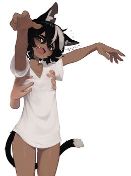 1girl 1other animal_ear_fluff animal_ears black_hair breasts cat_ears cat_girl cat_tail commentary cowboy_shot dark-skinned_female dark_skin disembodied_hand english_commentary fang flying_sweatdrops grabbing_from_behind green_eyes hair_between_eyes highres lifting_person longcat_(meme) meme multicolored_hair no_pants open_mouth original shirt short_hair short_sleeves small_breasts solo_focus t-shirt tail two-tone_hair white_background white_hair white_shirt yoako