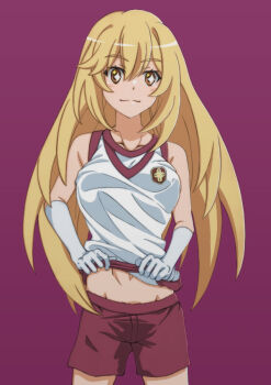 1girl blonde_hair breasts closed_mouth clothes_lift elbow_gloves gloves gym_shirt gym_shorts gym_uniform large_breasts li@_(rikku04) lifting_own_clothes long_hair looking_at_viewer navel red_background red_shorts school_emblem shirt shirt_lift shokuhou_misaki shorts sleeveless sleeveless_shirt smile solo sparkling_eyes toaru_kagaku_no_railgun toaru_kagaku_no_railgun_t toaru_majutsu_no_index tokiwadai_school_gym_uniform very_long_hair white_gloves white_shirt yellow_eyes