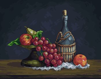 alcohol apple bottle commentary english_commentary food fruit fruit_focus grapes highres no_humans original pixel_art scilex still_life table wine wine_bottle