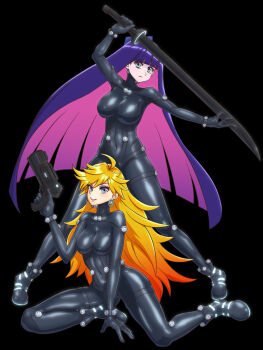 2girls ahoge aqua_eyes black_background black_bodysuit blonde_hair blue_eyes bodysuit breasts colored_inner_hair earrings full_body gantz gantz_suit grin gun handgun highres holding holding_gun holding_sword holding_weapon impossible_bodysuit impossible_clothes jewelry large_breasts latex latex_bodysuit long_hair looking_at_viewer medium_breasts multicolored_hair multiple_girls panty_&amp;_stocking_with_garterbelt panty_(psg) purple_hair sachisuki_gyoko skin_tight smile stocking_(psg) sword two-tone_hair very_long_hair weapon