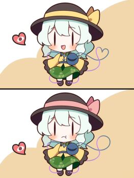 1girl 60mai black_hat buttons double-parted_bangs green_hair green_skirt hair_between_eyes hat hat_ribbon heart komeiji_koishi light_blush light_frown open_mouth pout red_ribbon ribbon shirt skirt smile spot_the_differences third_eye touhou yellow_background yellow_ribbon yellow_shirt |_|