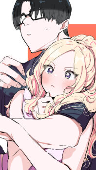 Rule 34 | 1boy, 1girl, black hair, blonde hair, blush, gakuen idolmaster, glasses, hetero, highres, hug, hug from behind, idolmaster, juo sena, kasasagi (futagodori888), long hair, producer (idolmaster), purple eyes, surprised, upper body