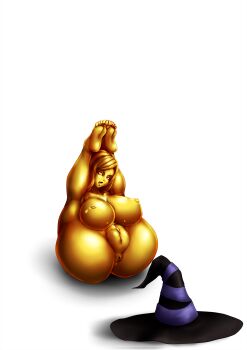 Rule 34 | 1girl, absurdres, anus, arms behind back, ass, barefoot, black hat, breasts, cleavage, collarbone, colored eyelashes, colored nipples, colored sclera, colored skin, colored tongue, completely nude, dragon's crown, fat mons, feet above head, folded, forehead, gold hair, gold skin, hat, highres, huge breasts, large variant set, legs over head, long hair, navel, ningyoushi, nipples, no areolae, no irises, no pupils, nude, open mouth, parted bangs, petrification, puckered anus, pupiless eyes, pussy, raised eyebrows, shadow, simple background, solid eyes, solo, sorceress (dragon's crown), statue, swept bangs, thick eyelashes, thighs, tongue, tongue out, transformation, unworn hat, unworn headwear, variant set, white background, witch hat, yellow nipples, yellow sclera, yellow skin, yellow tongue