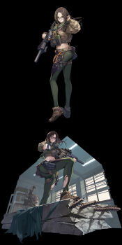 1boy 1girl absurdres aiming aiming_at_viewer arena_breakout assault_rifle black_background brown_hair camouflage carabiner concrete cropped_shirt girls'_frontline glasses green_pants gun hand_in_own_hair handgun hecate_(arena_breakout) highres holding holding_gun holding_weapon holster load_bearing_vest m4_carbine midriff night_vision official_art pants rebar rifle sig_mcx sig_sauer solo_focus suppressor torn_clothes torn_pants weapon yitiao_er-hua