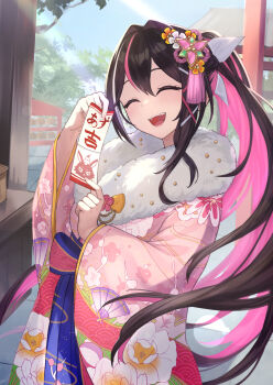 Rule 34 | 1girl, ^ ^, asymmetrical sidelocks, azki (hololive), azki (new year) (hololive), black hair, closed eyes, colored inner hair, commentary, commentary request, day, double-parted bangs, english commentary, floral print, floral print kimono, flower, fur scarf, furisode sleeves, hair flower, hair intakes, hair ornament, hair ribbon, highres, holding, holding omikuji, hololive, japanese clothes, kimono, long hair, looking at viewer, mixed-language commentary, mole, mole under eye, multicolored hair, official alternate costume, omikuji, open mouth, outdoors, petcha the o, pink hair, pink kimono, pink streaks, ponytail, print kimono, ribbon, scarf, sidelocks, smile, solo, tassel, tassel hair ornament, teeth, upper teeth only, very long hair, virtual youtuber, white ribbon, white scarf, white streaks, wide sleeves