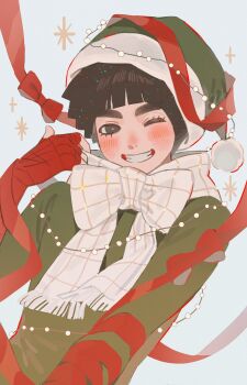 1boy absurdres bandaged_hand bandages black_eyes black_hair blunt_bangs blush bodysuit bowl_cut christmas christmas_lights commentary_request green_bodysuit green_hat grey_background grin hat highres korean_commentary m0_mo_momo naruto_(series) one_eye_closed red_ribbon ribbon rock_lee santa_hat scarf short_hair smile solo sparkle teeth thick_eyebrows upper_body white_scarf