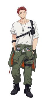 18trip 1boy arm_belt belt black_belt black_shoes boots cargo_pants closed_mouth clothes_around_waist combat_boots crossbody_bag full_body green_eyes green_jacket green_pants highres iwabuchi_daniel_hiroshi jacket jacket_around_waist jewelry muscular muscular_male necklace official_art pants red_hair scar scar_on_face shirt shoes simple_background sleeves_rolled_up smile thigh_belt thigh_strap v-taper watch white_background white_shirt wristwatch