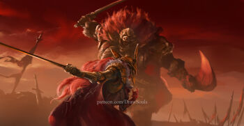 Rule 34 | 1boy, 1girl, armor, brother and sister, cape, commentary, draw souls, dual wielding, duel, elden ring, english commentary, fake horns, half-siblings, helmet, holding, holding sword, holding weapon, horned helmet, horns, in-universe location, long hair, looking at another, malenia blade of miquella, mechanical arms, overcast, patreon username, planted, planted sword, planted weapon, prosthesis, prosthetic arm, red cape, red clouds, red hair, siblings, single mechanical arm, sky, starscourge greatsword, starscourge radahn, sword, watermark, weapon, web address, winged helmet