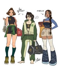... :o absurdres alternate_costume alternate_universe aqua_socks avatar:_the_last_airbender avatar_legends bag bare_arms barefoot bike_shorts bitsbytits black_eyes black_shirt black_shorts black_sports_bra blue_choker blue_footwear blue_shrug blue_tube_top boots braid braided_ponytail brown_hair choker clothes_around_waist duffel_bag full_body green_footwear green_jacket green_track_suit grey_eyes hair_bun hand_on_own_hip highres holding holding_bag hood hood_down hooded_jacket jacket jacket_around_waist katara kneehighs partially_unzipped pendant_choker ponytail shirt shoes shorts simple_background sleeveless sleeveless_shirt socks spoken_ellipsis sports_bra strapless suki_(avatar) thighhighs toph_beifong tote_bag track_suit tube_top turtleneck turtleneck_shirt white_background white_shorts white_thighhighs