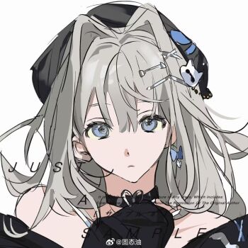 1girl animal_ears bare_shoulders black_choker blue_eyes chinese_commentary choker closed_mouth commentary_request ear_piercing earrings gloves grey_hair gutaiyou jewelry long_hair original parted_lips piercing simple_background white_background
