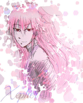 Rule 34 | 1boy, 2015, abstract background, androgynous, bare shoulders, beatmania iidx, beatmania iidx 12 happy sky, bemani, black shirt, commentary, copyright name, english commentary, eyebrows hidden by hair, hair between eyes, japanese clothes, keiji senpai, kimono, licht (iidx), long hair, male focus, pink hair, pink kimono, red eyes, shirt, simple background, sleeveless, smile, solo, turtleneck, turtleneck shirt, upper body, very long hair, xepher