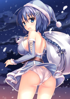 Rule 34 | 1girl, ass, backless dress, backless outfit, bare back, bare shoulders, bell, belt, blue dress, blue eyes, blue hair, blue hat, blush, bow, braid, breasts, christmas, clothes lift, cloud, commentary request, detached sleeves, dress, dress lift, from behind, fur-trimmed sleeves, fur trim, gift bag, hair bell, hair between eyes, hair bow, hair ornament, halter dress, halterneck, hat, kmcgold30, long braid, long hair, looking at viewer, looking back, medium breasts, mole, mole under eye, night, night sky, panties, pantyshot, photoshop (medium), revision, setouchi chie, single braid, sky, snow, snowflake hair ornament, snowing, standing, toji no miko, underwear, wind, wind lift