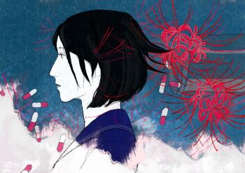 Rule 34 | 1girl, black hair, blue background, blue sailor collar, blue shirt, brown eyes, commentary, english commentary, flower, gloves, highres, lettalettaletta, parted bangs, parted lips, pill, profile, red gloves, sailor collar, school uniform, shimizu hinako, shirt, short hair, silent hill (series), silent hill f, solo, spider lily, upper body