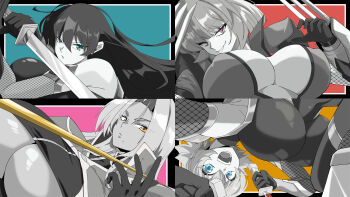 4girls breasts curvy dark-skinned_female dark_skin holding holding_sword holding_weapon huge_breasts igawa_asagi igawa_sakura impossible_clothes impossible_leotard ingrid_(taimanin_asagi) jumping komochizuki_rakuraku leotard looking_at_viewer multiple_girls oboro_(taimanin_asagi) revealing_clothes sword taimanin_(series) taimanin_asagi taimanin_murasaki weapon wide_hips