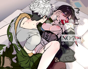 Rule 34 | 1boy, 1girl, aki663, atelier (series), atelier yumia, black hair, breasts, breasts out, censored, clothed sex, grey hair, hetero, large breasts, lying, missionary, multicolored hair, nipples, on back, penis, purple eyes, pussy, rutger arendt, sex, two-tone hair, vaginal, yumia liessfeldt