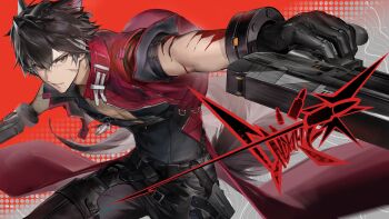 1boy absurdres arknights arknights:_endfield black_gloves black_hair black_pants black_shirt closed_mouth coat commentary dog_tags elevation_contour_lines facial_scar fighting_stance foreshortening gloves gun highres holding holding_gun holding_weapon looking_at_viewer male_focus namanari open_clothes open_coat pants red_coat scar scar_on_cheek scar_on_face shirt shirt_tucked_in short_hair solo tail weapon wolf_boy wolf_tail wulfgard_(arknights) yellow_eyes