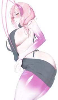 absurdres antenna_hair antennae arthropod_girl ass breasts claws cleavage_cutout clothing_cutout cockroach_girl grey_sweater highres huge_breasts indie_virtual_youtuber large_breasts matara_kan mature_female monster_girl multicolored_hair pink_hair red_eyes side_ponytail sidelocks streaked_hair sweater thick_thighs thighs virgin_destroyer_sweater virtual_youtuber vivi_co white_background