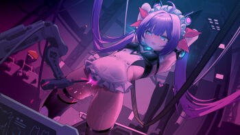 Rule 34 | 1girl, absurdres, ahoge, animal ears, apron, armpits, arms behind head, bdsm, black thighhighs, blue eyes, blush, bondage, bottomless, bound, breasts, cable, cat ears, cleft of venus, commentary request, dutch angle, fake animal ears, female focus, frills, glowing, hair ribbon, heart, heart-shaped pupils, highres, indoors, linkai nuofu, long hair, no panties, open mouth, original, pubic tattoo, pubic tattoo printing, purple hair, purple theme, pussy, pussy juice, restrained, ribbon, sex machine, small breasts, solo, stationary restraints, sweat, symbol-shaped pupils, tattoo, tattoo machine (laser), thighhighs, twintails, very long hair, very sweaty, white apron, wulala (vtuber)