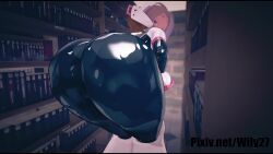 1girl 3d animated artist_name ass ass_clapping ass_shake bent_over black_bodysuit bodysuit boku_no_hero_academia bookshelf bouncing_ass brown_hair curvy female_focus from_behind highres huge_ass indoors jiggle looking_at_viewer looking_back multicolored_bodysuit pink_bodysuit pixiv_username skin_tight solo thick_thighs thighs twerking uraraka_ochako uraraka_ochako_(hero_outfit) video watermark web_address white_bodysuit wide_hips wily27
