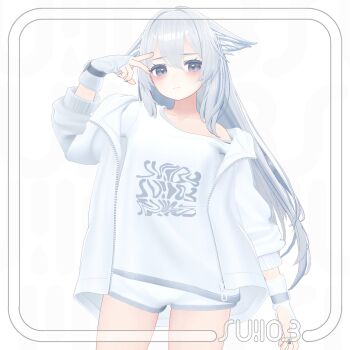 1girl 3d animal_ear_fluff animal_ears blush collarbone fingerless_gloves frown gloves grey_eyes grey_hair hair_between_eyes highres jacket long_hair looking_at_viewer original short_shorts shorts solo sui_chaso v very_long_hair vrchat white_background white_gloves white_jacket white_shorts