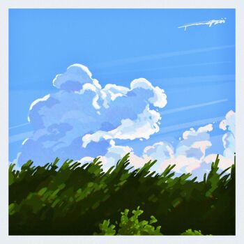 blue_sky border cloud commentary day english_commentary fangpeii highres no_humans original outdoors scenery signature sky sky_focus white_border