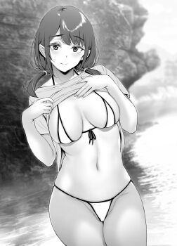 1girl beach bikini blue_eyes blush breasts classmate_(gentsuki) cleavage closed_mouth clothes_lift commentary_request cowboy_shot gentsuki greyscale groin hands_on_own_chest highres large_breasts lifting_own_clothes light_rays long_hair looking_at_viewer low_twintails micro_bikini monochrome navel ocean original outdoors rock shirt_lift short_sleeves skindentation smile solo stomach sunbeam sunlight swimsuit textless_version twintails water