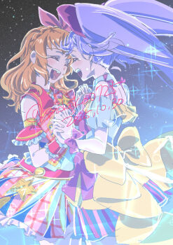 2girls :d ahoge aikatsu! aikatsu!_(series) aikatsu!_x_pripara_the_movie_-deai_no_kiseki!- bow closed_eyes cowboy_shot crossover dated face-to-face facing_another genre_connection hair_bow holding_hands interlocked_fingers long_hair manaka_laala multiple_girls open_mouth orange_hair ozora_akari pink_bow pink_skirt pretty_series pripara purple_hair sadako0725 skirt smile sparkle standing twintails twitter_username very_long_hair wrist_cuffs yellow_bow
