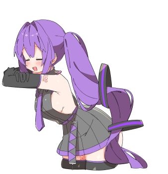 Rule 34 | 1girl, :d, = =, absurdres, aqua trim, arm tattoo, belt, black gloves, black thighhighs, blush, breasts, closed eyes, collar, collared dress, commentary, cropped legs, crossed arms, dress, elbow gloves, facing ahead, frilled collar, frills, from side, gloves, hair ornament, highres, leaning forward, leg tattoo, long hair, medium breasts, necktie, no nose, number tattoo, one-hour drawing challenge, open mouth, original, pleated dress, purple belt, purple hair, purple necktie, raised eyebrows, red tattoo, short dress, side ponytail, sideboob, sideless dress, simple background, smile, solo, tattoo, thighhighs, uruti 2388, very long hair, vocaloid, white background, zettai ryouiki