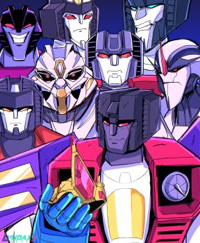 absurdres artist_name crazy_smile crown highres holding holding_crown invincible_(series) looking_at_viewer looking_down lyndaxyart mecha mecha_focus meme orange_eyes red_eyes robot scowl smile smirk smug starscream transformers transformers:_animated transformers:_armada transformers:_cyberverse transformers:_dark_of_the_moon transformers:_earthspark transformers:_generation_1 transformers:_prime transformers:_the_movie transformers_(live_action) transformers_unicron_trilogy viltrumite_group_shot_(meme)