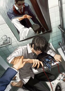 2boys angry barefoot bathroom bird black_hair black_vest blue_jacket clenched_teeth collared_shirt commentary cup dead_animal drugs dutch_angle english_commentary exhausted from_above furrowed_brow gubo_(project_moon) highres holding_another's_arm icco_ho jacket kneeling limbus_company long_sleeves male_focus mirror multiple_boys necktie painterly pill pill_bottle pov pov_hands project_moon red-tinted_eyewear red_necktie shirt short_hair sink sitting suit_jacket sunglasses teeth tile_wall tiles tinted_eyewear vest wariza white_shirt yi_sang_(project_moon)