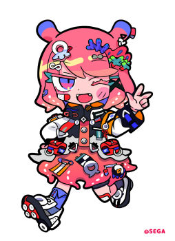 Rule 34 | 1girl, ;d, bandaid, bandaid on cheek, bandaid on face, blush stickers, character request, commentary request, copyright notice, dot nose, fangs, full body, grey shoes, hair ornament, hand up, highres, jacket, long sleeves, looking at viewer, maimai (game), official art, one eye closed, open mouth, orange skirt, pink hair, purple eyes, purple socks, shoes, short hair, simple background, skirt, smile, sneakers, socks, solo, standing, standing on one leg, terada tera, w, white background, white jacket