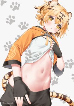 1girl absurdres animal_ear_fluff animal_ears azur_lane black_gloves black_hair black_shorts blonde_hair blush breasts chinese_clothes clothes_lift clothes_pull ebino_mayo fingerless_gloves gloves groin highres hip_bones hu_pen_(azur_lane) lifting_own_clothes looking_at_viewer midriff multicolored_hair navel open_mouth orange_shrug pants pants_pull paw_print paw_print_background shirt_lift short_hair shorts shrug_(clothing) signature small_breasts stomach tail tiger_ears tiger_girl tiger_tail