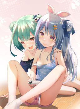 2girls :d absurdres blue_hair blue_ribbon blue_shirt blush breasts camisole carrot_hair_ornament closed_mouth commentary_request controller double_bun fang food-themed_hair_ornament game_controller green_hair hair_bun hair_ornament hair_ribbon hand_on_another's_shoulder highres holding holding_controller holding_game_controller hololive knees_apart_feet_together knees_up maru-chan_niko multicolored_hair multiple_girls open_mouth panties panty_peek red_eyes red_shorts ribbon shirt short_eyebrows short_shorts shorts simple_background sitting skin_fang skull_hair_ornament small_breasts smile socks strap_slip streaked_hair thick_eyebrows underwear uruha_rushia usada_pekora virtual_youtuber white_hair white_legwear white_panties