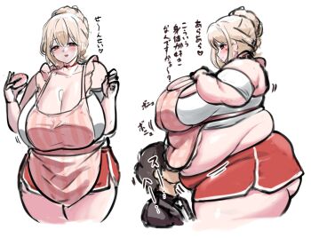 1boy 1girl absurdres apron belly_press blonde_hair blush braid breasts brown_eyes choker cleavage commander_(nikke) donut face_in_belly fat fat_woman food from_side goddess_of_victory:_nikke gym_shorts hair_bun hands_on_own_chest heart highres holding holding_donut holding_food huge_breasts japanese_text kukuru lips mole mole_under_eye multiple_views open_mouth pink_apron plump red_choker red_shorts shirt short_shorts shorts single_braid smile standing thick_thighs thighs tia_(nikke) tia_(sweet_chef)_(nikke) white_background white_shirt