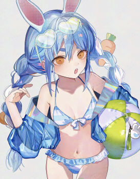 Rule 34 | 1girl, absurdres, alternate costume, animal ears, asa going, ball, bare shoulders, bikini, blue bikini, blue hair, blue jacket, braid, breasts, carrot hair ornament, commentary request, cowboy shot, double-parted bangs, eyewear on head, food-themed hair ornament, frilled bikini, frills, glasses, grey background, hair between eyes, hair ornament, heart, heart-shaped eyewear, highres, holding, holding ball, hololive, jacket, jacket partially removed, long hair, looking at viewer, navel, open mouth, orange eyes, rabbit ears, rabbit girl, simple background, small breasts, solo, swimsuit, twin braids, usada pekora, virtual youtuber