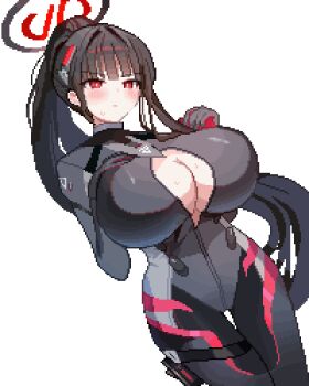 1girl black_bodysuit black_hair black_halo blue_archive blunt_bangs blush bodysuit breasts bright_pupils cleavage closed_mouth commentary cowboy_shot hair_ornament halo hand_on_own_chest highres holster impossible_bodysuit impossible_clothes large_breasts latex latex_bodysuit long_hair multicolored_halo official_alternate_costume official_alternate_hairstyle open_bodysuit open_clothes pixel_art ponytail red_eyes ringed_eyes rio_(blue_archive) rio_(bodysuit)_(blue_archive) sidelocks simple_background skin_tight solo standing sweat thigh_gap thigh_holster tinia_etru two-tone_halo variant_set very_long_hair white_background white_pupils