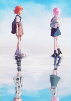 2girls bare_shoulders blue_skirt brown_shorts commentary_request different_reflection fate/grand_order fate_(series) from_side fujimaru_ritsuka_(female) full_body glasses grey_jacket highres jacket mash_kyrielight masteryakiniku multiple_girls off_shoulder orange_hair profile purple_hair reflection shirt short_hair shorts skirt white_shirt