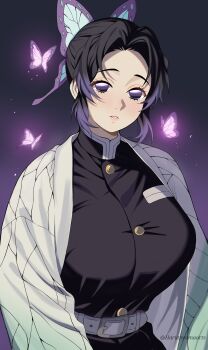 Rule 34 | 1girl, absurdres, animal print, belt, black hair, breasts, bug, butterfly, butterfly hair ornament, butterfly print, commentary, demon slayer uniform, gradient hair, hair ornament, haori, harutoyumaarts, highres, huge breasts, insect, japanese clothes, kimetsu no yaiba, kochou shinobu, multicolored hair, purple butterfly, purple eyes, purple hair, solo, white belt