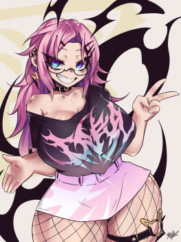 1girl black_shirt blue_eyes breasts commentary cowboy_shot curvy english_commentary fishnet_pantyhose fishnets glasses grin hair_ornament hands_up highres indie_virtual_youtuber large_breasts long_hair looking_at_viewer microskirt multicolored_eyes pantyhose pink_hair pink_skirt purple_eyes shirt short_sleeves skirt smile solo st41nn tara_kaminarito thigh_strap two-tone_eyes v virtual_youtuber wide_hips
