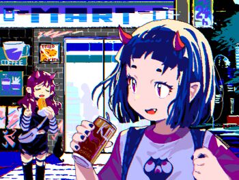 2girls animal aseprite_(medium) black_shirt blue_hair blue_nails blue_skirt can canned_coffee cat closed_eyes commentary_request convenience_store cropped_shirt drink_can eudetenis fang fingernails food hands_up holding holding_can holding_food horns miniskirt multiple_girls nail_polish navel night open_mouth original outdoors pixel_art purple_eyes purple_hair purple_horns raised_inner_eyebrows red_horns shirt shop short_hair short_sleeves skirt small_horns standing t-shirt v