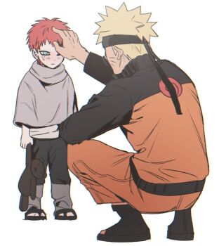 2boys aged_down black_headband black_pants black_shoes black_sleeves blonde_hair blue_eyes child crying facial_mark gaara_(naruto) grey_shirt hand_on_another&#039;s_head headband holding holding_stuffed_toy jacket jumpsuit light_blush male_focus multiple_boys naruto_(series) nnnhhhhh19 no_eyebrows open-toe_shoes orange_jacket orange_jumpsuit orange_pants pants red_hair shirt shoes short_hair spiked_hair stuffed_animal stuffed_toy tears teddy_bear time_paradox uzumaki_naruto whisker_markings white_background