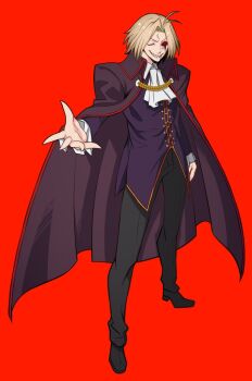 1boy ahoge ascot black_pants black_shoes blonde_hair blood blood_from_mouth bloody_tears cape fingernails formal_clothes frilled_sleeves frills grin highres hirakawa male_focus melty_blood night_of_wallachia one_eye_closed pants reaching reaching_towards_viewer red_background red_eyes sharp_fingernails sharp_teeth shoes smile standing teeth tsukihime vampire