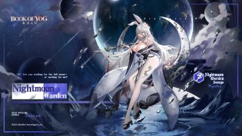 Rule 34 | 1girl, artist request, black sandals, book of yog, breasts, cleavage, colored tips, copyright name, copyright notice, crescent, flower, hair between eyes, hair flower, hair ornament, highres, holding, holding smoking pipe, large breasts, long hair, multicolored hair, official art, pantyhose, pink hair, sandals, sasaya (book of yog), smoking pipe, solo, white flower, white pantyhose, wide sleeves, yellow eyes