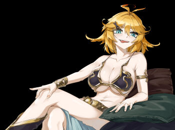 1girl ahoge alternate_breast_size_(larger) armlet bikini black_background blonde_hair breasts cahryos cleavage cosplay dokibird fang feather_hair green_eyes hair_ornament highres indie_virtual_youtuber jewelry large_breasts loincloth looking_at_viewer metal_bikini metal_bra navel open_mouth pelvic_curtain pillow princess_leia princess_leia_(cosplay) simple_background single_bracer slave smile solo swimsuit tongue tongue_out virtual_youtuber