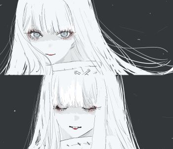 1girl blunt_bangs closed_eyes closed_mouth grey_background grey_eyes grin haniel_(sono_bisque_doll_wa_koi_wo_suru) highres long_hair looking_at_viewer multiple_views needbee_r portrait sidelocks simple_background smile sono_bisque_doll_wa_koi_wo_suru split_screen spot_color wind