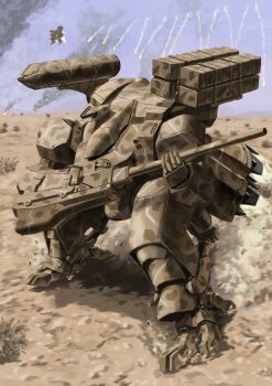 arm_cannon black_smoke blue_sky camouflage commentary_request contrail desert desert_camouflage highres mecha missile_pod no_humans original outdoors robot science_fiction sky tyokugekidato weapon