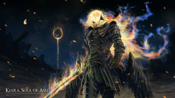 1girl armor artist_name baloolax black_armor character_name cosplay dark_souls_(series) dark_souls_iii embers english_text fiery_hair fire flaming_sword flaming_weapon highres holding holding_sword holding_weapon hololive hololive_english low_wings soul_of_cinder soul_of_cinder_(cosplay) sword takanashi_kiara virtual_youtuber weapon wings